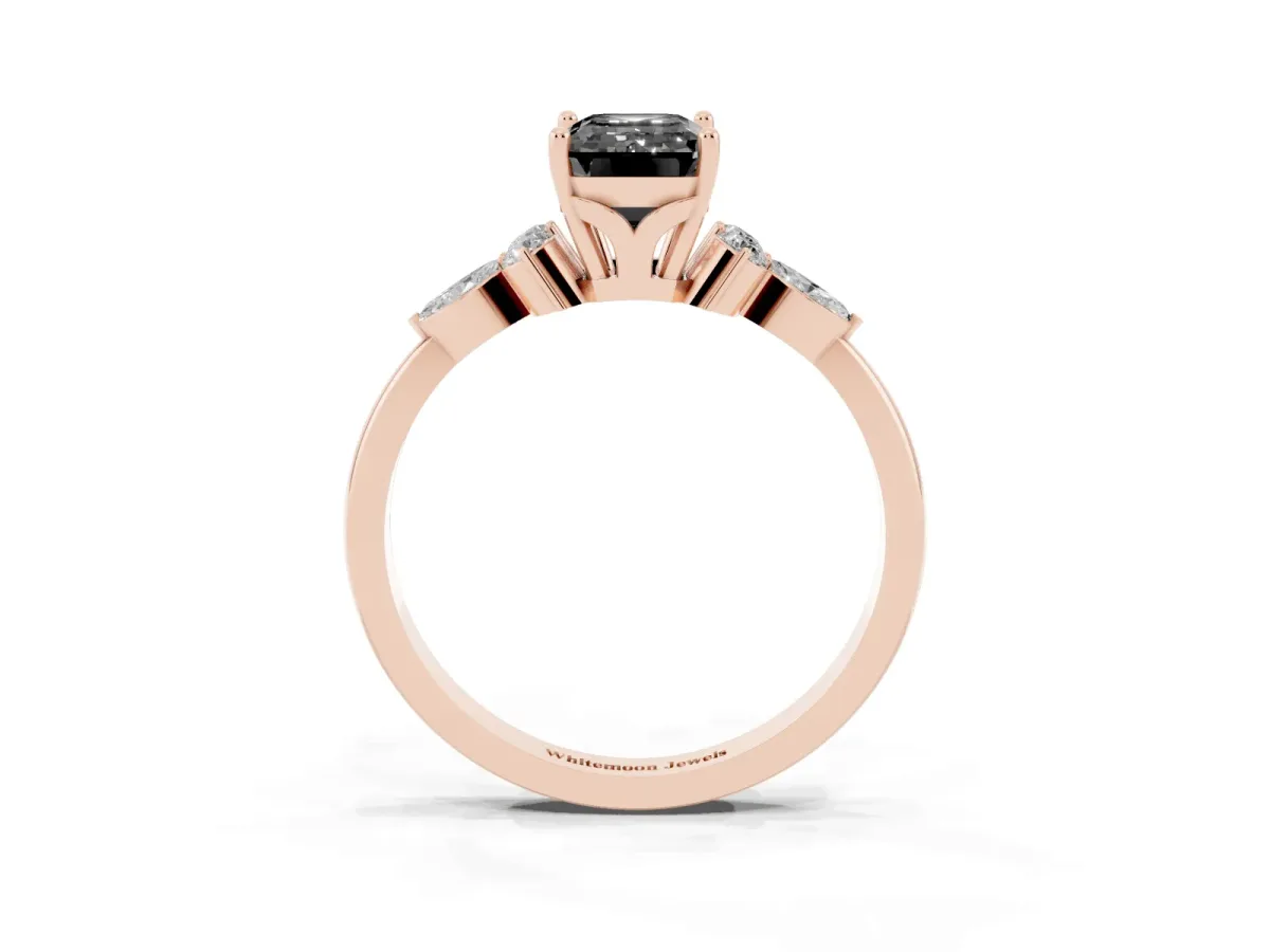 Fancy Black Emerald Cut Brilliant Diamond Solitaire Ring with Pear Side Stones and Four-Prong Setting Rose gold