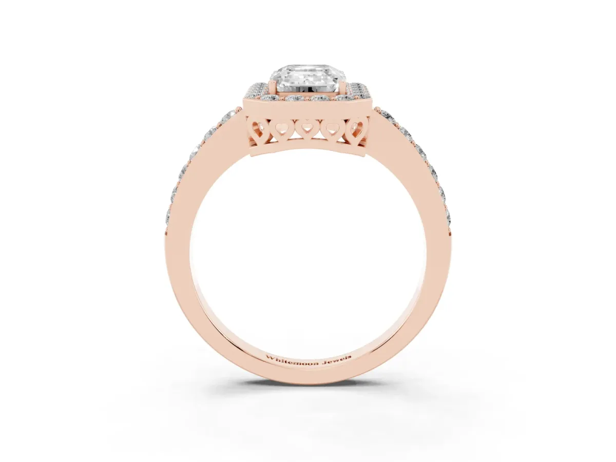 Emerald Cut Halo Diamond Pavé Band Ring with Prong Setting Rose gold