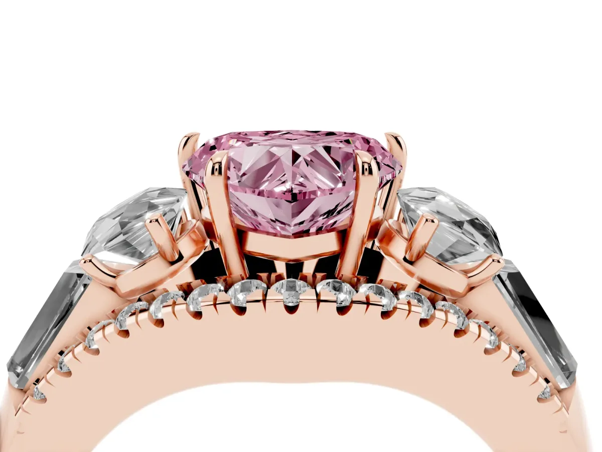 Fancy Pink Three-Stone Heart Cut Diamond Engagement Ring with Pave Band and Prong Setting Rose gold