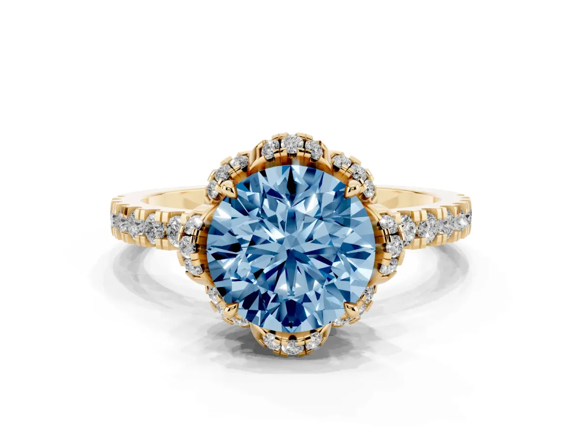Fancy Blue Round Cut Halo Diamond Pave Band Ring with Four-Prong Setting Yellow gold