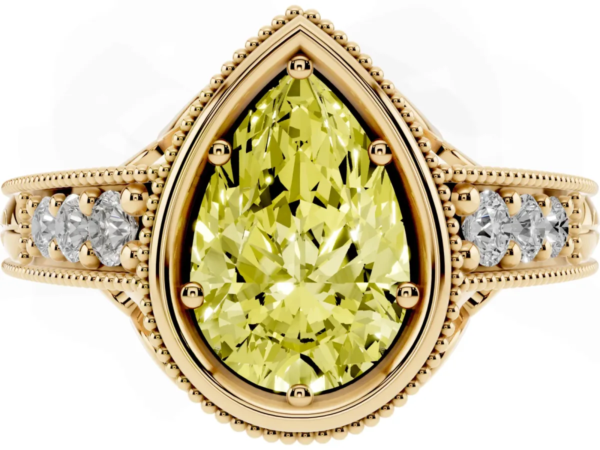 Fancy Yellow Bezel Set Pear Cut Diamond Milgrain Pave Engagement Ring Yellow gold