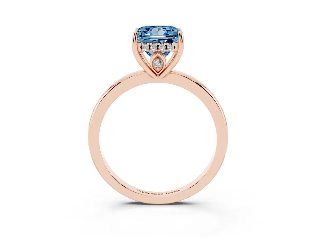 Fancy Blue Princess Cut Solitaire Diamond Ring with Prong Setting and Plain Band Rose gold