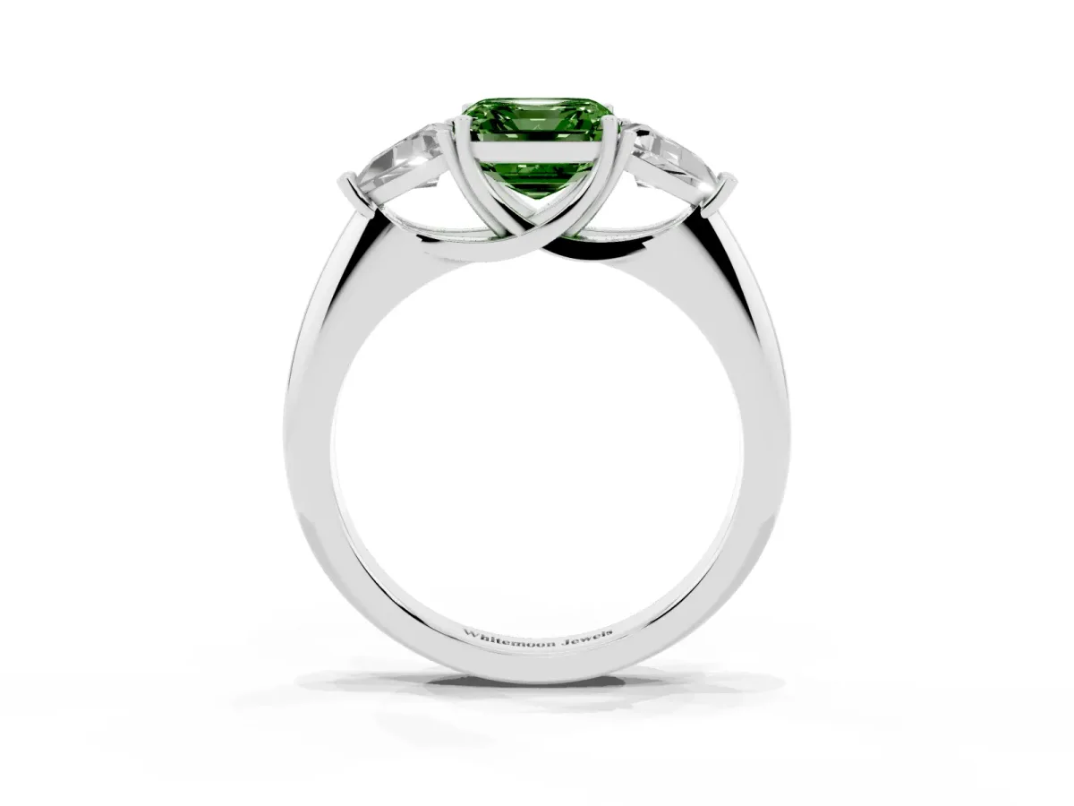 Fancy Green Three-Stone Asscher Cut Diamond Engagement Ring with Trillion Side Stones and Prong Setting Silver