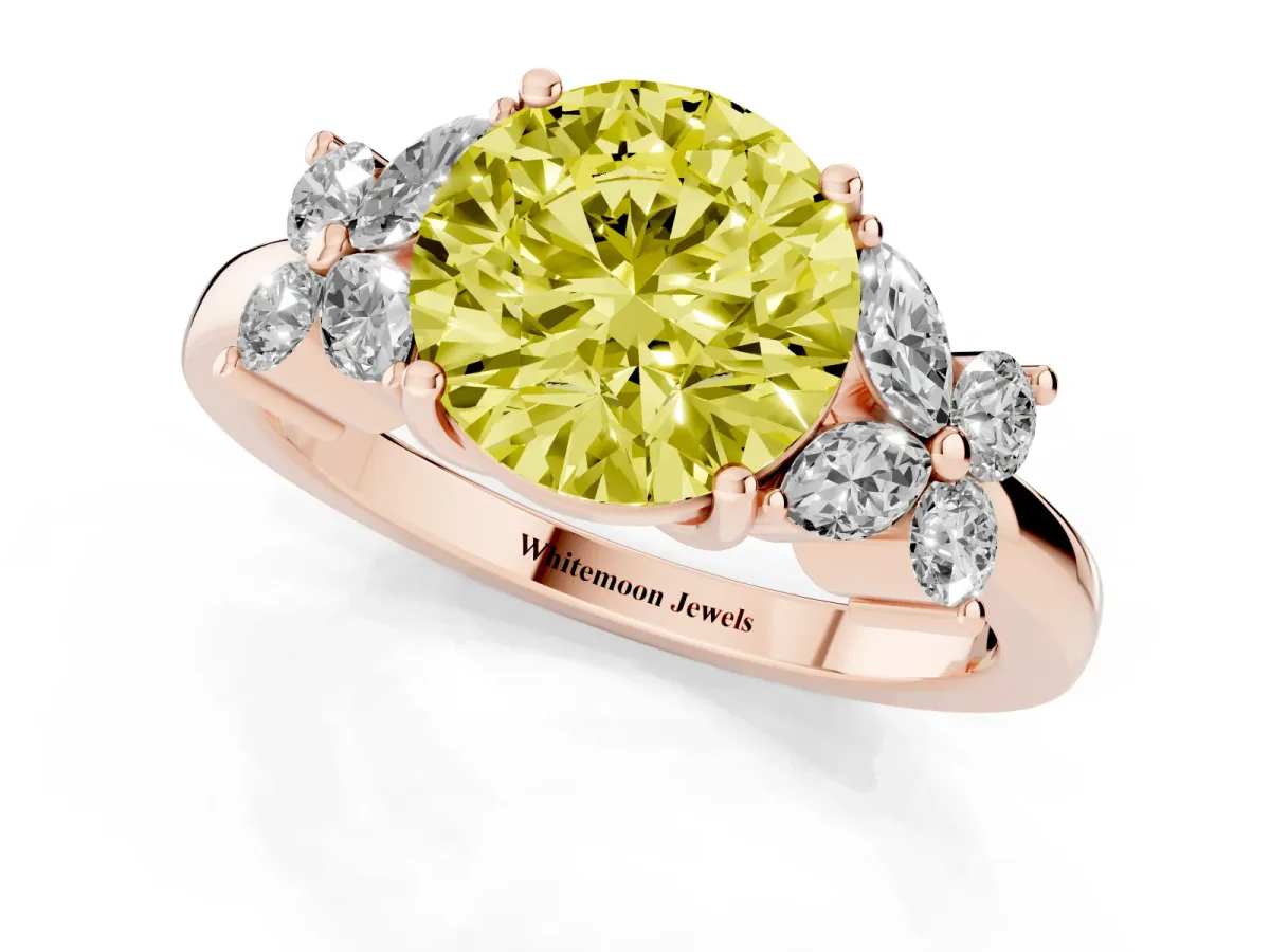 Fancy Yellow Round Cut Diamond Floral Cluster Ring with Solitaire Band and Prong Setting Rose gold