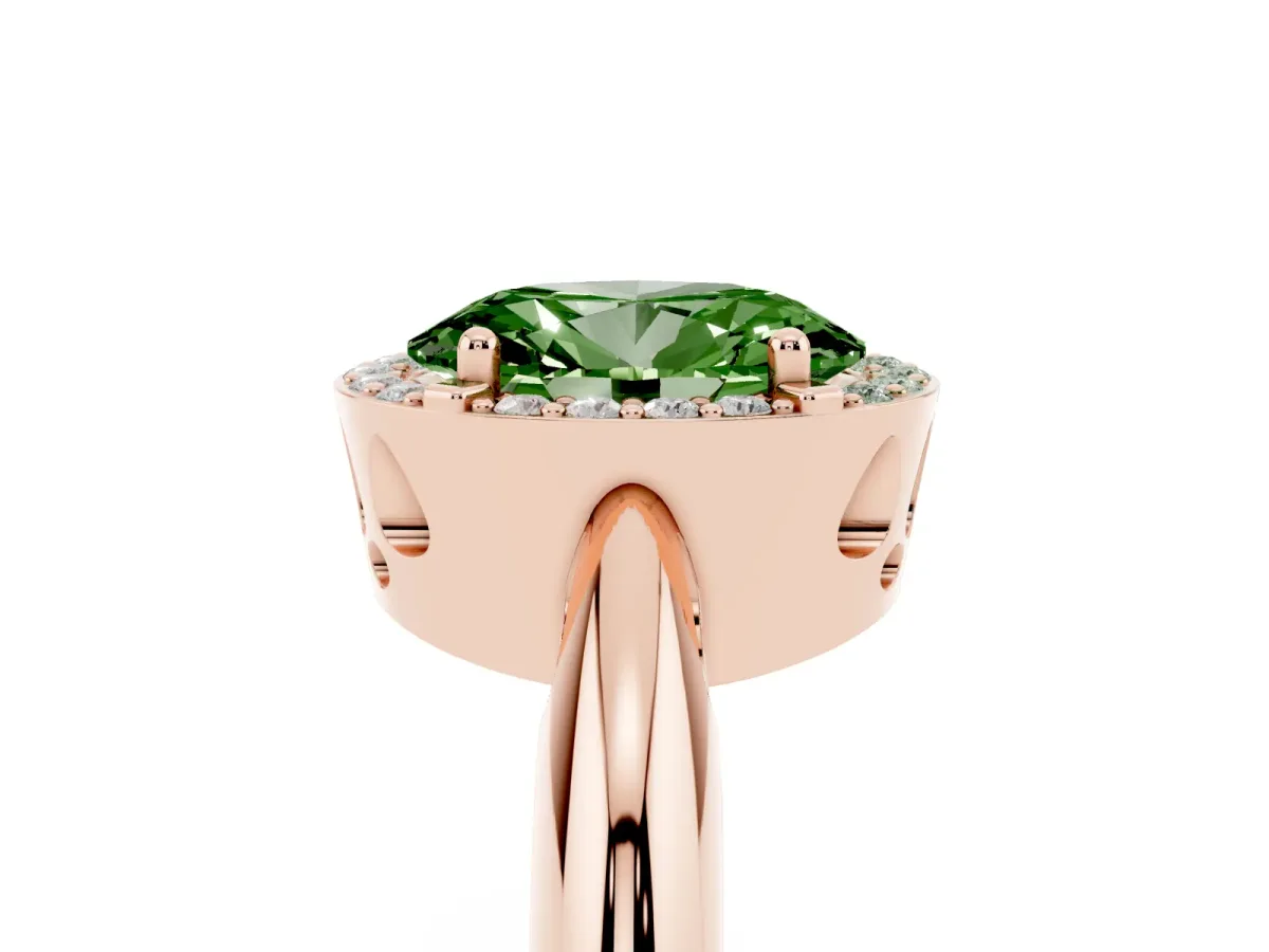 Fancy Green Oval Cut Cut Diamond Halo Engagement Ring with Split Shank and Four-Prong Setting Rose gold
