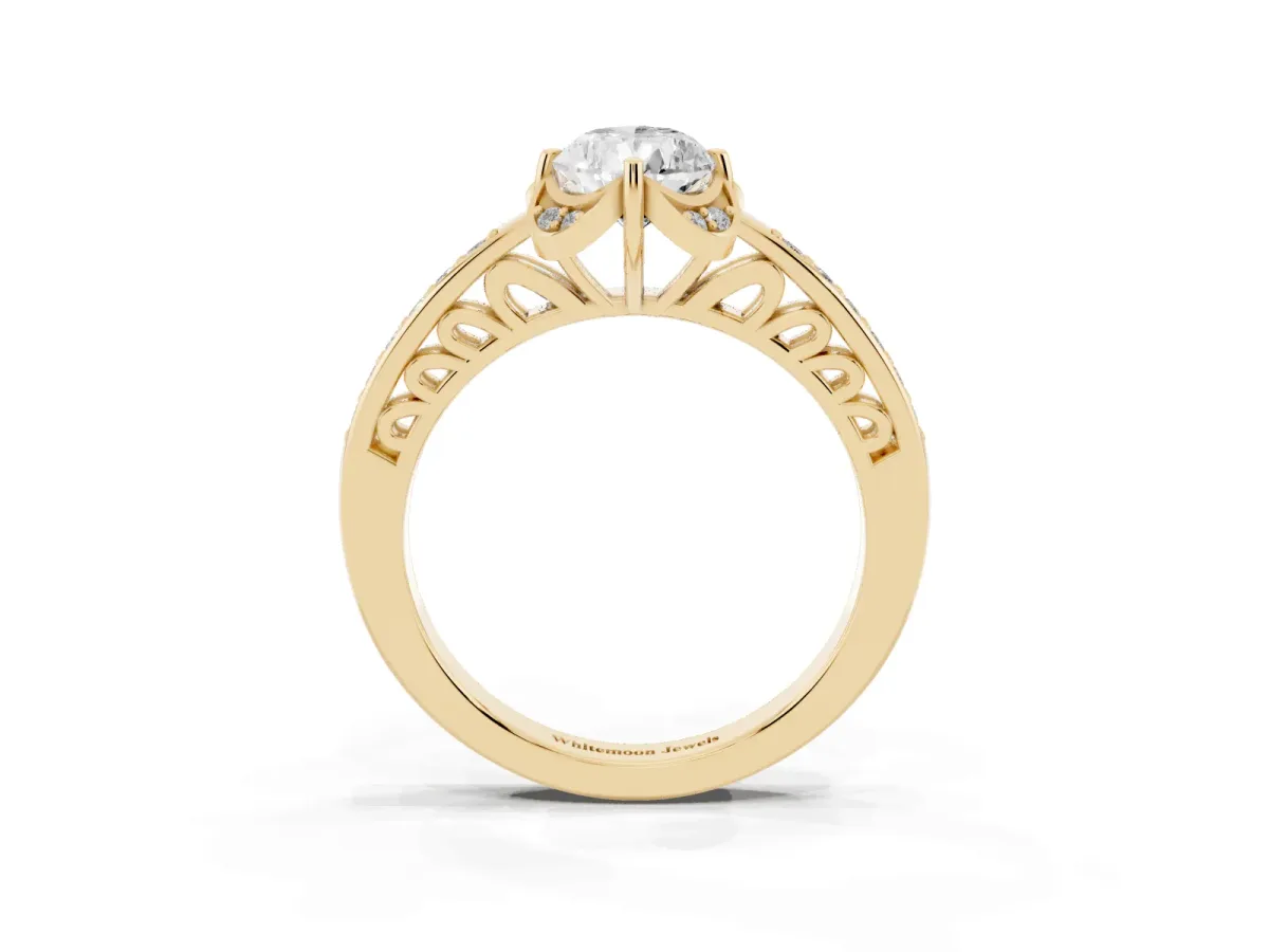 Pear Cut Cut Halo Diamond Ring with Channel Set Band and Four-Prong Setting Yellow gold