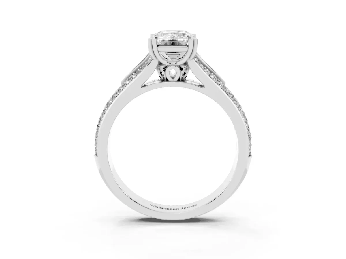 Emerald Cut Diamond Split Shank Engagement Ring with Pavé Band Silver