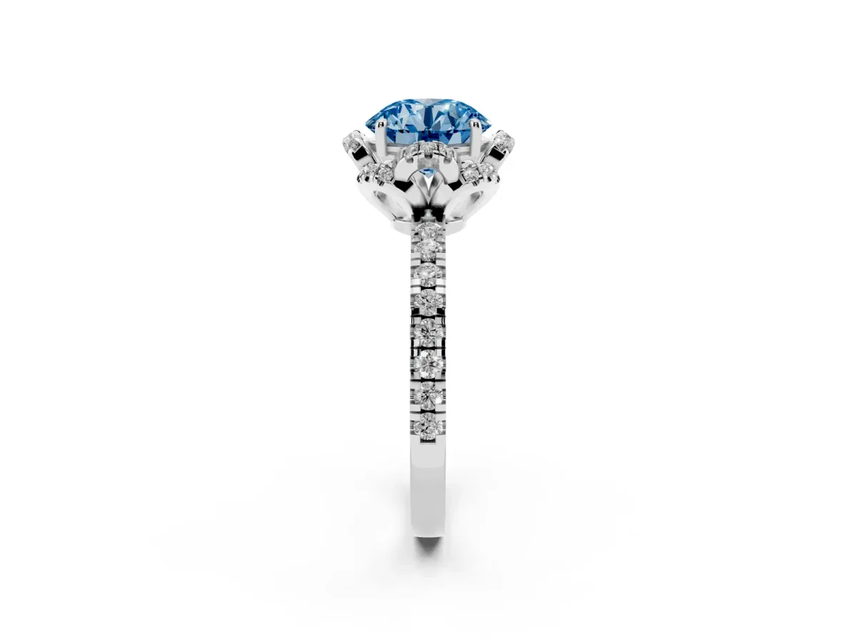 Fancy Blue Round Cut Diamond Halo Pave Band with Four-Prong Setting White gold
