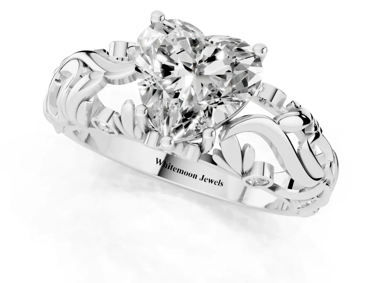 Heart Cut Solitaire Diamond Leaf-Inspired Vine Band Ring with Prong Setting Silver