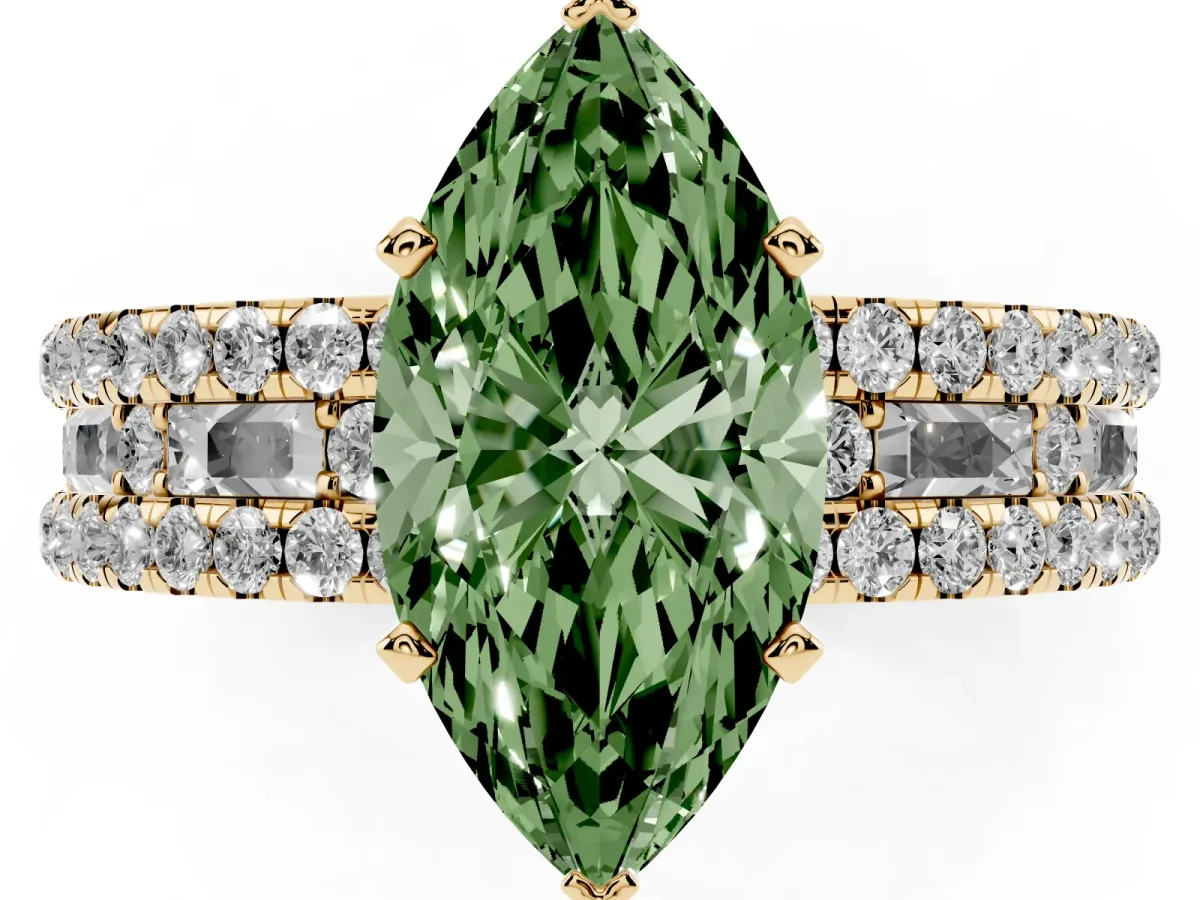 Fancy Green Marquise Cut Diamond Solitaire Ring with Pavé and Channel Set Band Yellow gold