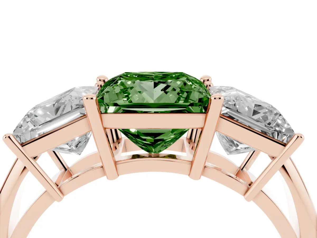 Fancy Green Three-Stone Princess Cut Cut Diamond Engagement Ring with Prong Setting on a White Gold Band Rose gold