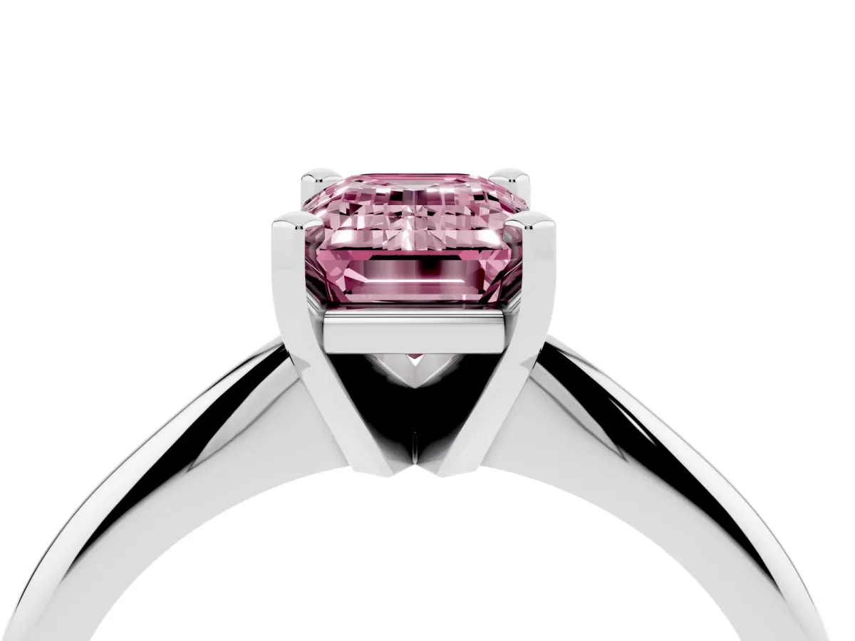 Fancy Pink Emerald Cut Cut Solitaire Ring with Four-Prong Setting on a Classic Band White gold