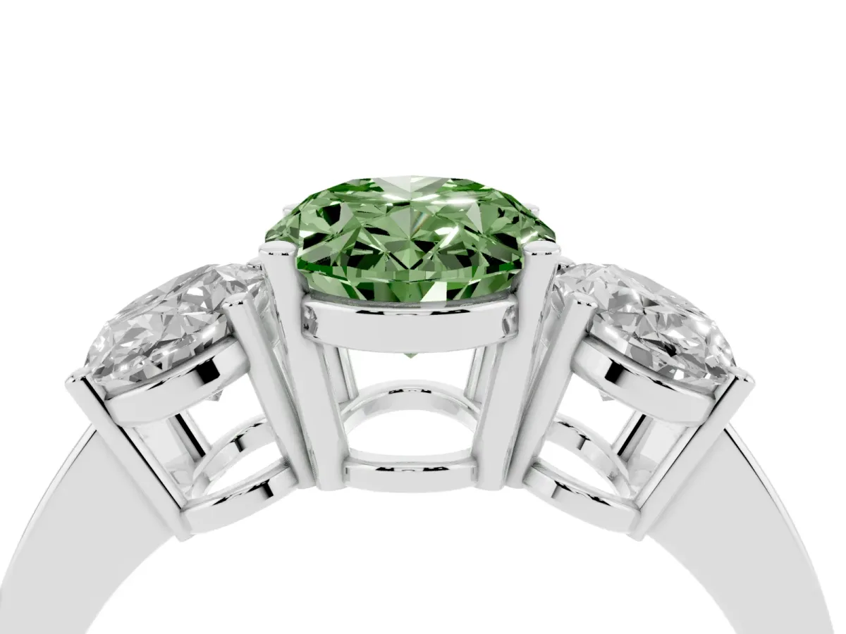 Fancy Green Three-Stone Oval Cut Cut Diamond Engagement Ring with Flat Band and Four-Prong Setting Silver
