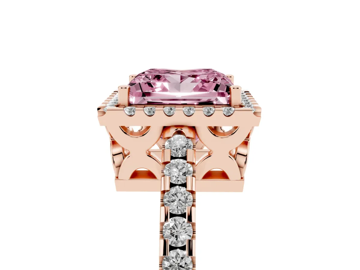 Fancy Pink Princess Cut Diamond Halo Engagement Ring with Pavé Band and Prong Setting Rose gold
