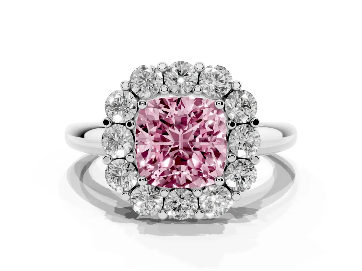 Fancy Pink Cushion Cut Halo Cluster Diamond Engagement Ring with Prong Setting and Polished Band Platinum