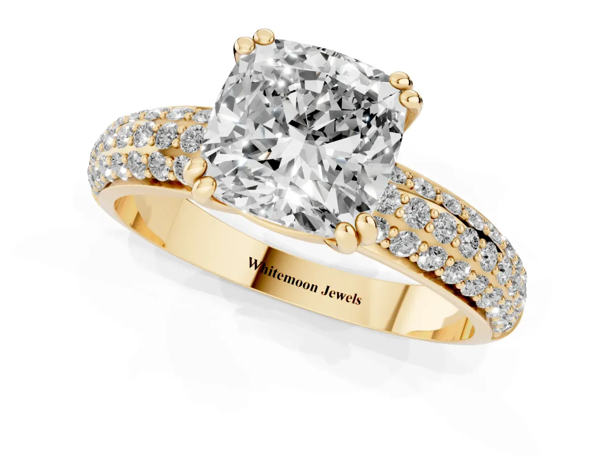 Cushion Cut Diamond Solitaire Ring with Multi-Row Round Pavé Band and Prong Setting Yellow gold