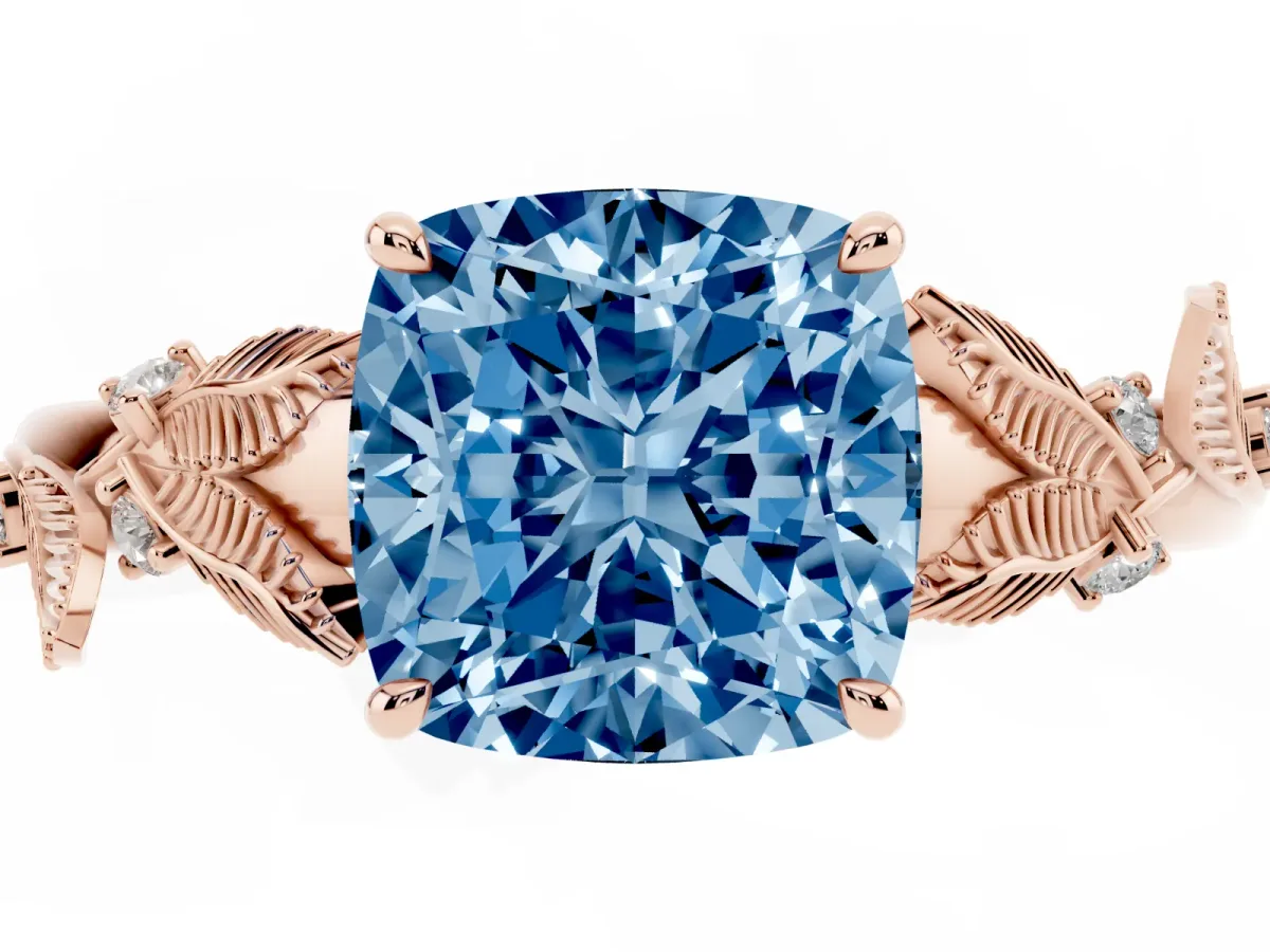 Fancy Blue Cushion Cut Diamond Solitaire Ring with Leaf Motif Band and Four-Prong Setting Rose gold