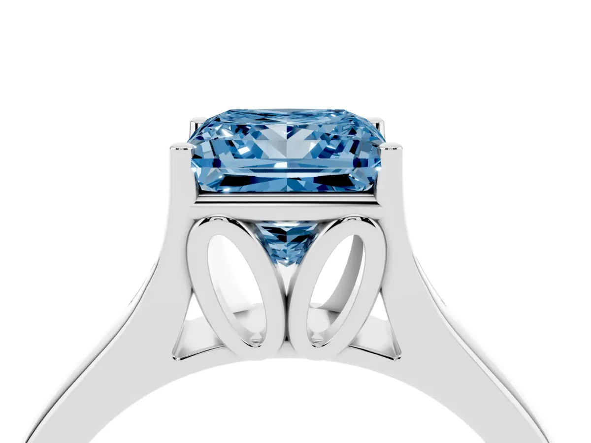 Fancy Blue Princess Cut Solitaire Diamond Ring with Cathedral Band and Four-Prong Setting Silver