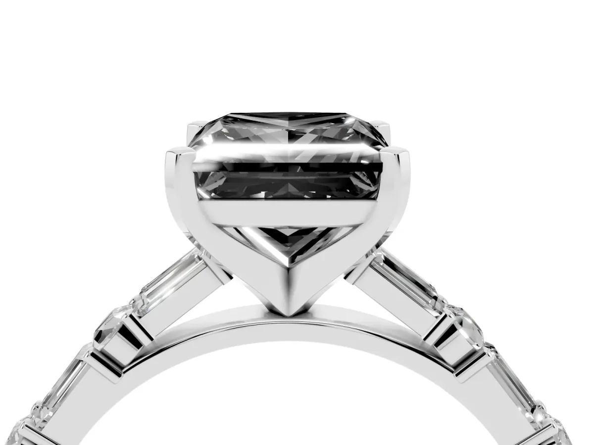 Fancy Black Princess Cut Diamond Solitaire with Side Baguettes and Channel Set Band White gold