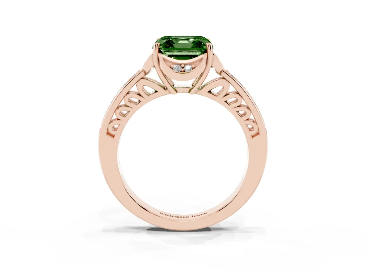 Fancy Green Asscher Cut Cut Halo Diamond Ring with Channel Set Band and Four-Prong Setting Rose gold