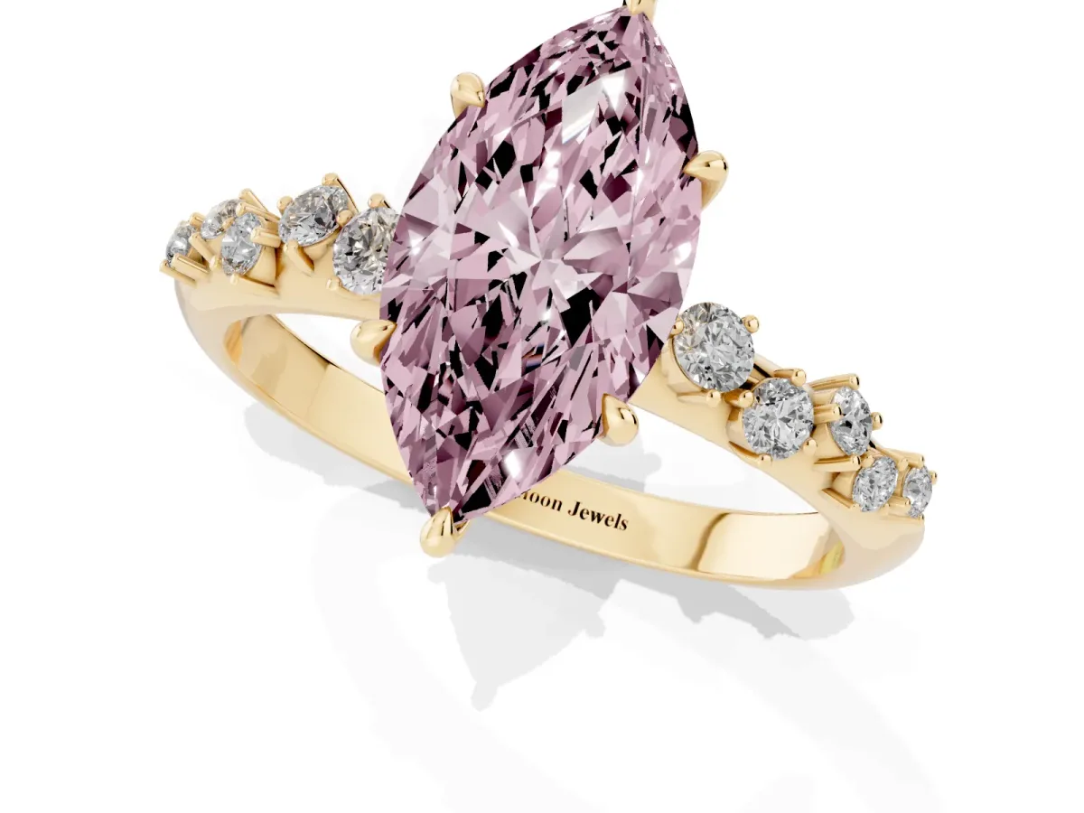 Fancy Pink Marquise Cut Diamond Cluster Side Stone Solitaire Ring with Prong Setting Yellow gold