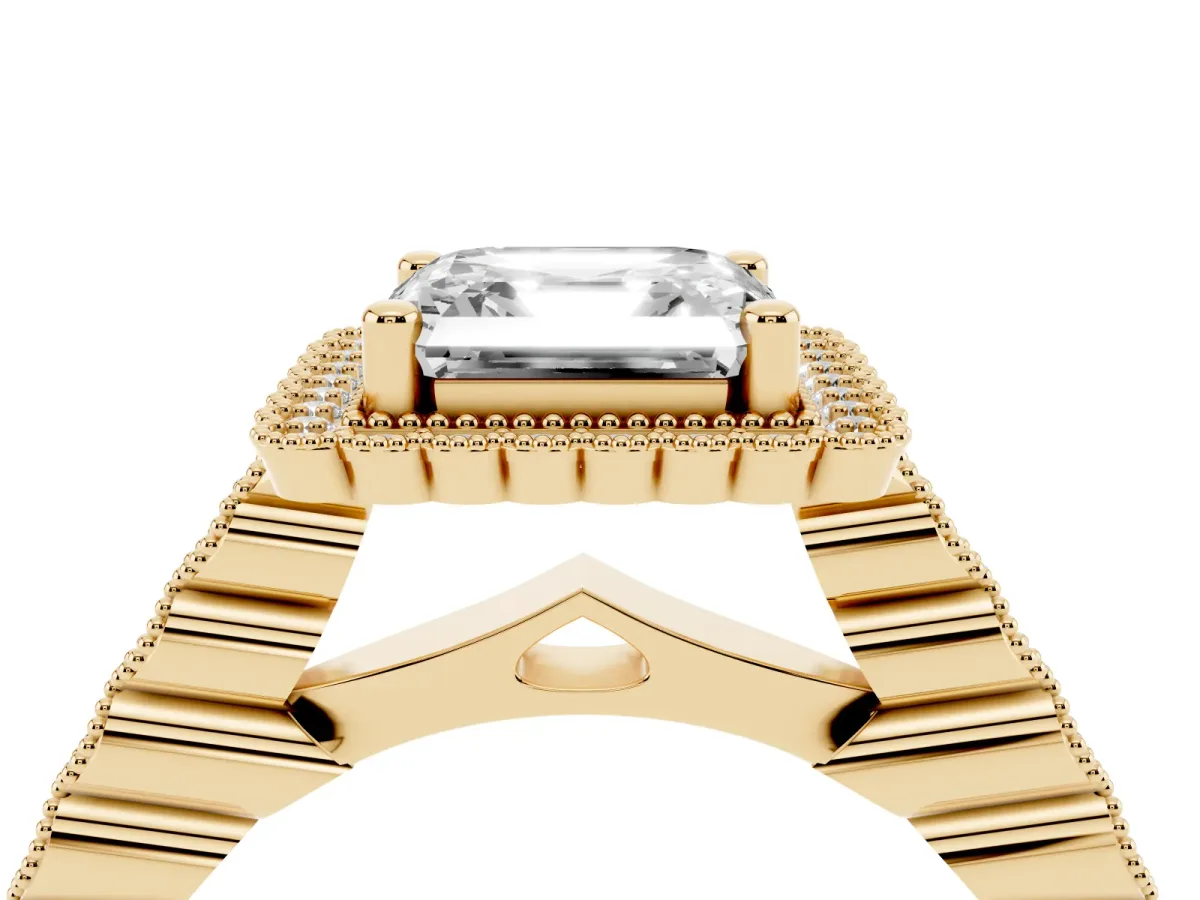 Asscher Cut Cut Halo Pavé Solitaire Ring with Milgrain Band Yellow gold