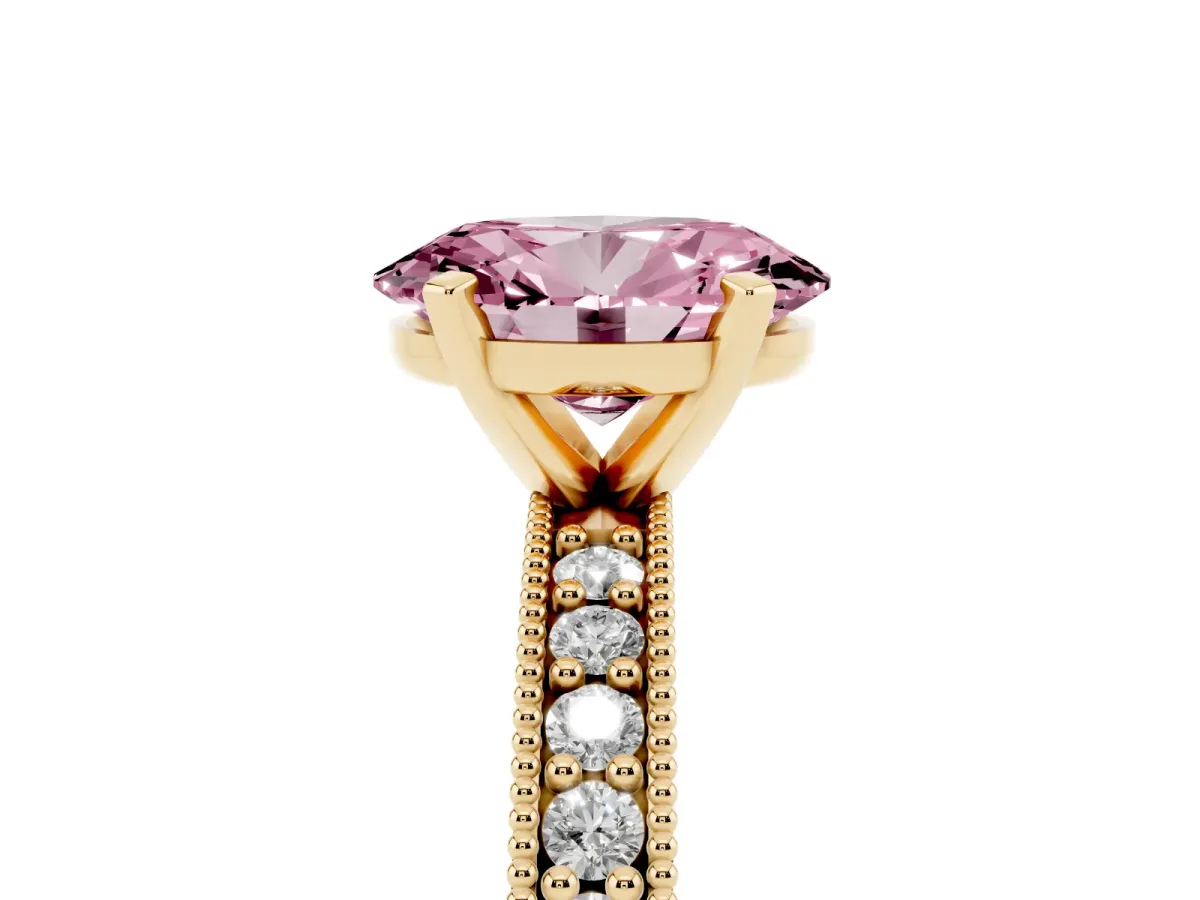 Fancy Pink Oval Cut Diamond Milgrain Pavé Engagement Ring with Four-Prong Setting Yellow gold