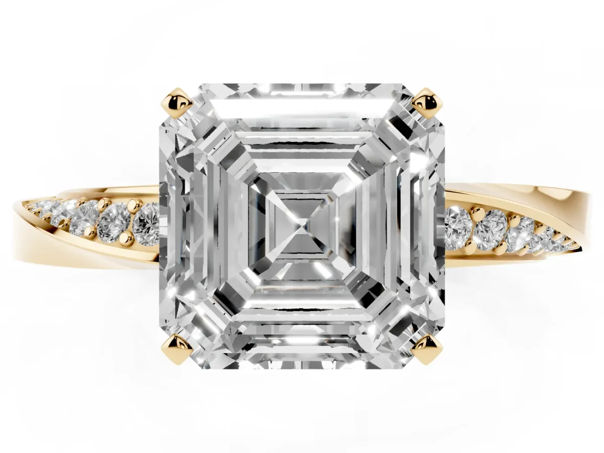 Asscher Cut Diamond Engagement Ring with Side Stone Accents and Four-Prong Setting Yellow gold
