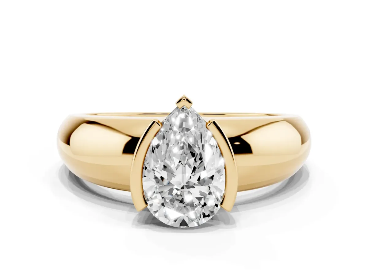 Pear Cut Solitaire Tension Set Diamond Ring with Wide Band Yellow gold