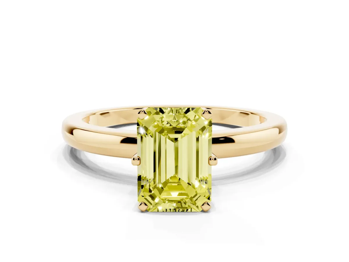 Fancy Yellow Emerald Cut Solitaire Diamond Ring with Six-Prong Setting on a Classic Band Yellow gold