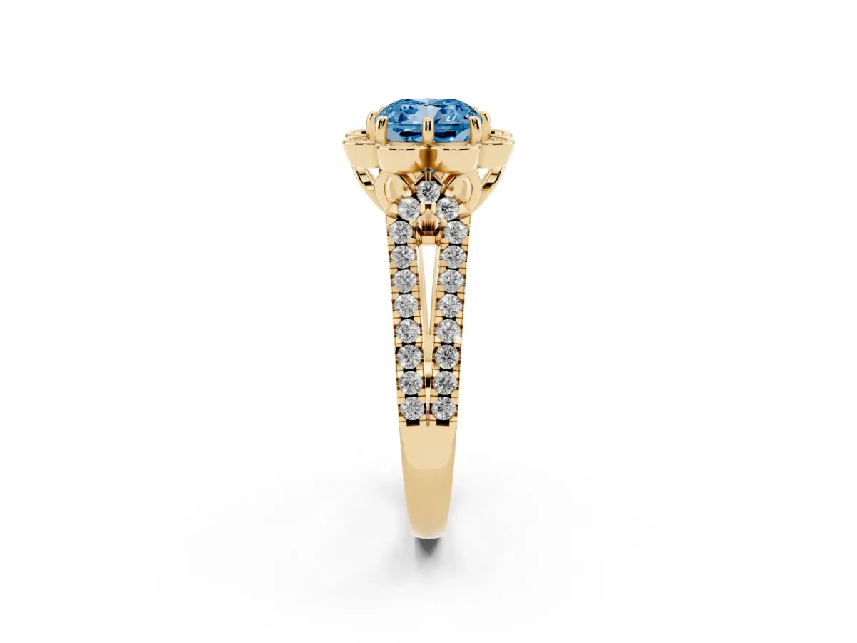 Fancy Blue Cushion Cut Halo Diamond Floral Split Shank Engagement Ring Yellow gold