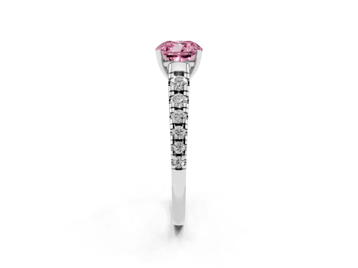 Fancy Pink Cushion Cut Diamond Cathedral Solitaire Ring with Round Pavé Band Silver