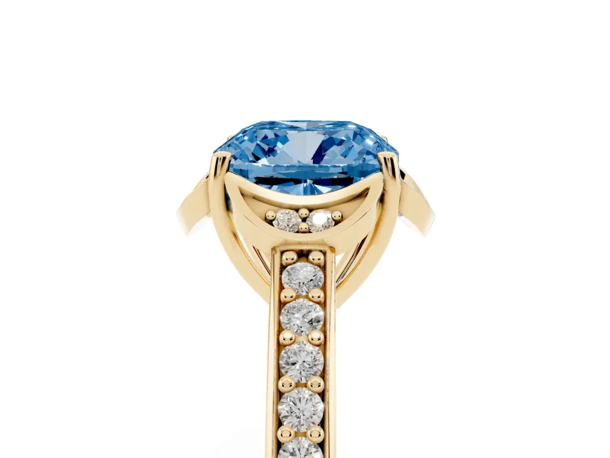 Fancy Blue Cushion Cut Cut Halo Diamond Ring with Channel Set Band and Four-Prong Setting Yellow gold