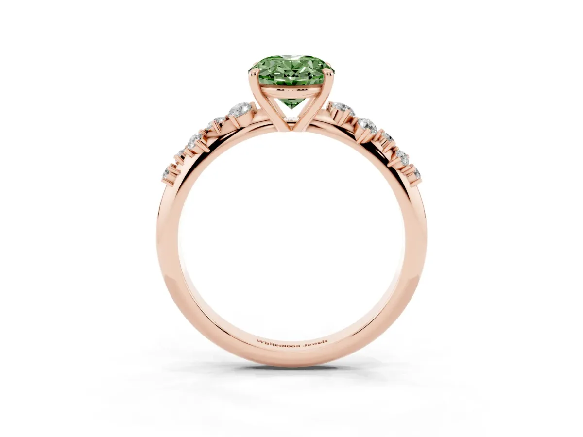 Fancy Green Oval Cut Diamond Cluster Side Stone Solitaire Ring with Prong Setting Rose gold
