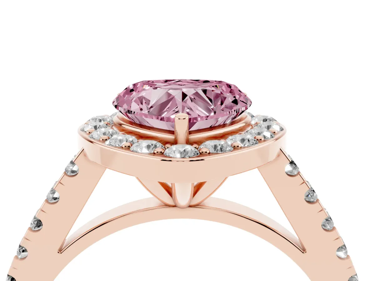 Fancy Pink Heart Cut Diamond Halo Ring with Round Pavé Split Shank and Prong Setting Rose gold