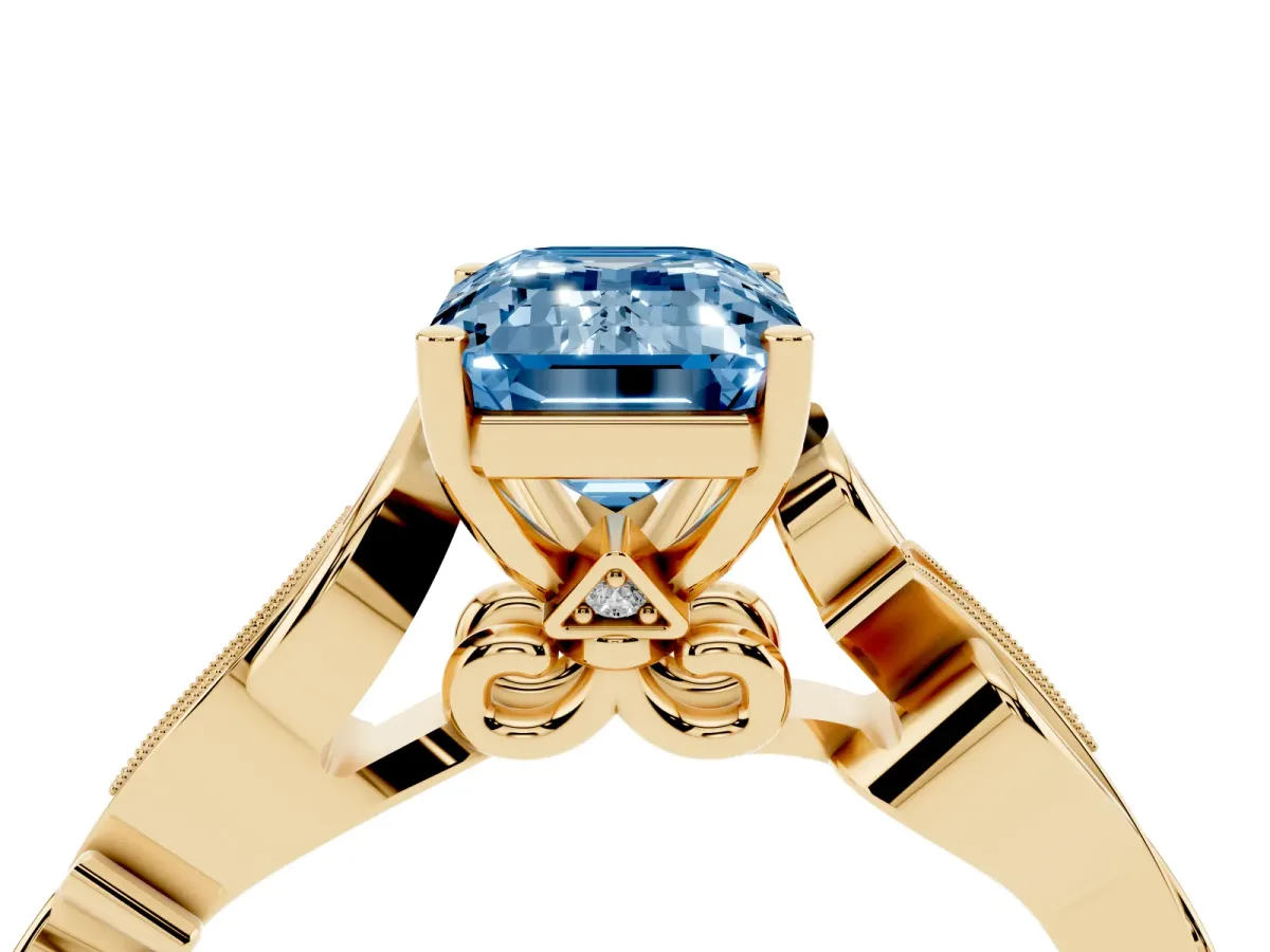 Fancy Blue Emerald Cut Solitaire Vine Band with Milgrain Prong Setting Yellow gold