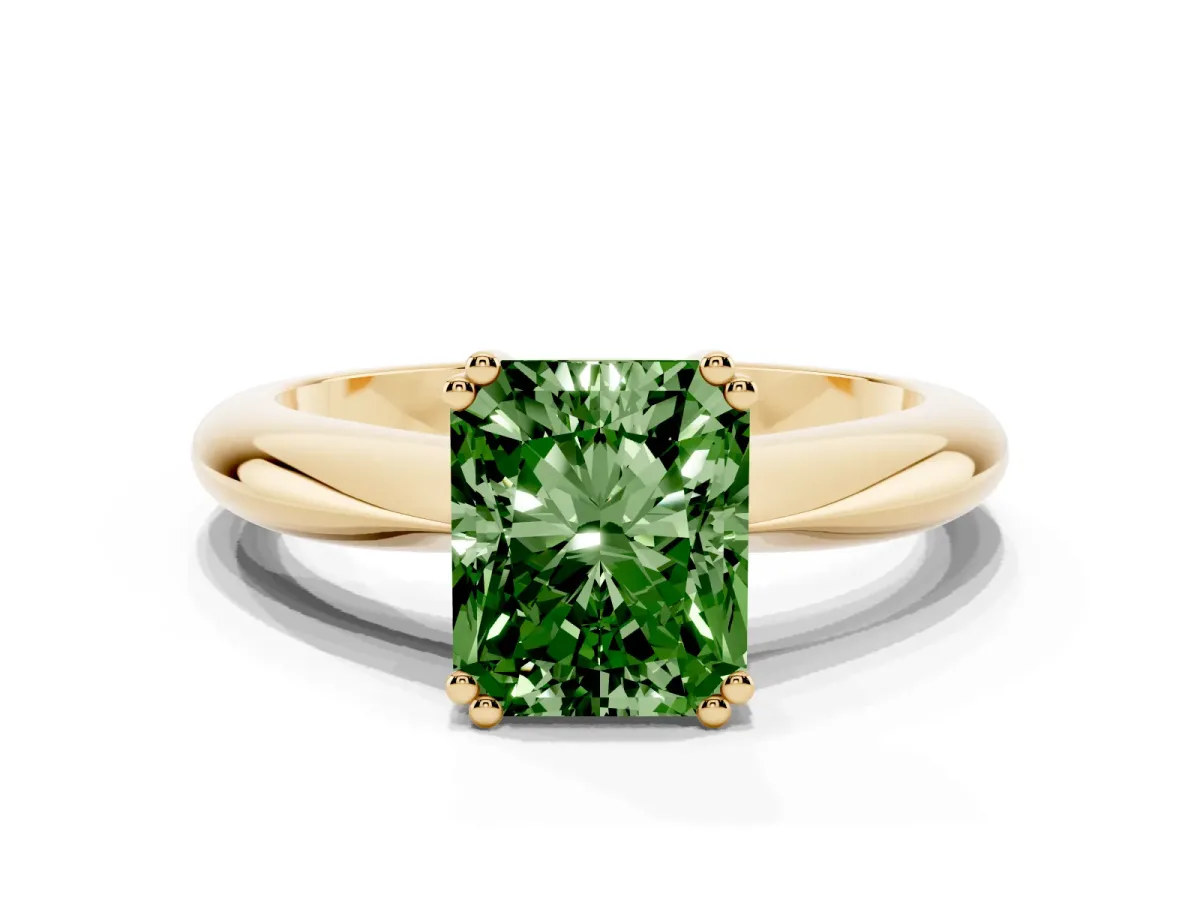 Fancy Green Radiant Cut Cut Solitaire Engagement Ring with Tapered Band and Four-Prong Setting Yellow gold