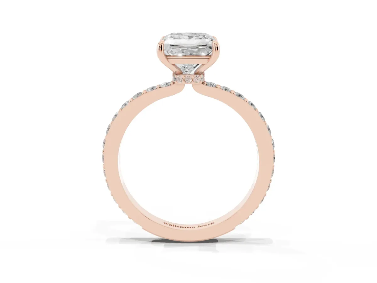 Princess Cut Diamond Pavé Engagement Ring with Round Accents and Prong Setting Rose gold