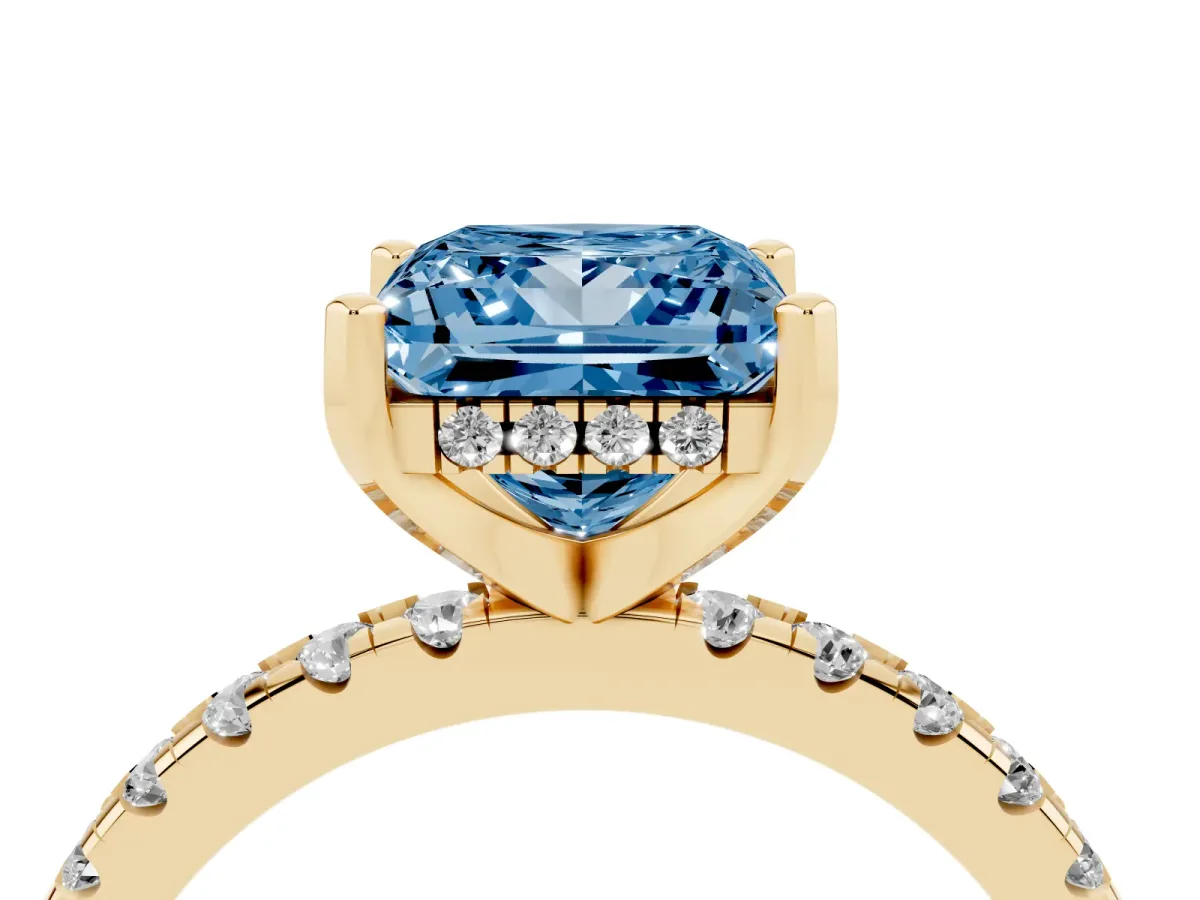 Fancy Blue Princess Cut Diamond Solitaire Ring with Round Pavé Band and Four-Prong Setting Yellow gold