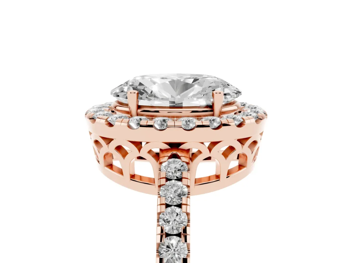 Oval Cut Halo Diamond Engagement Ring with Pavé Band and Four-Prong Setting Rose gold