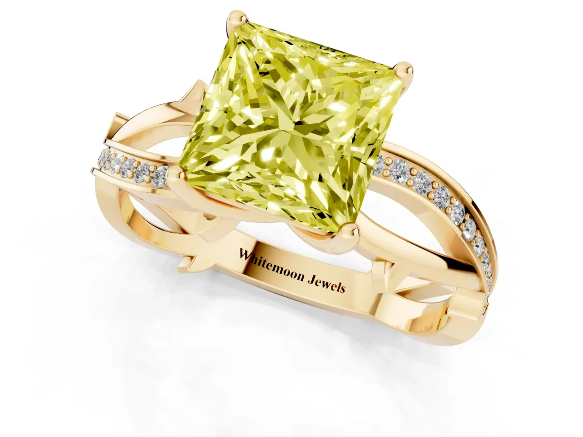Fancy Yellow Princess Cut Solitaire Twist Band with Pavé Accents and Four-Prong Setting Yellow gold