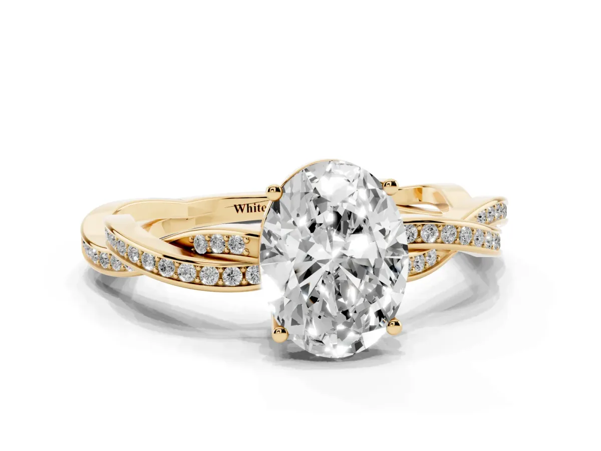 Oval Cut Solitaire Twisted Pave Diamond Ring with Four-Prong Setting Yellow gold