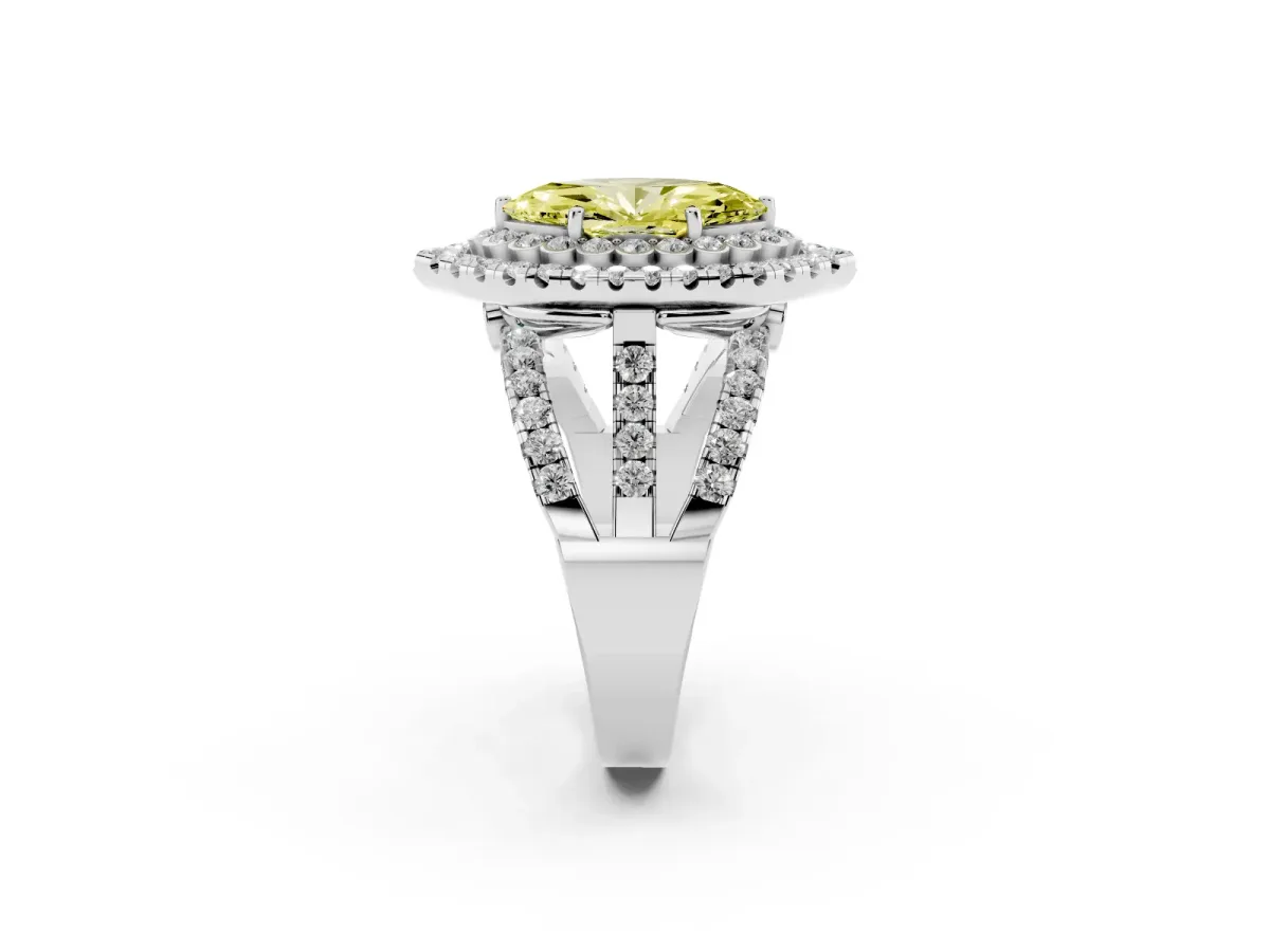 Fancy Yellow Marquise Cut Diamond Double Halo Ring with Round Pavé Split Shank and Prong Setting Silver