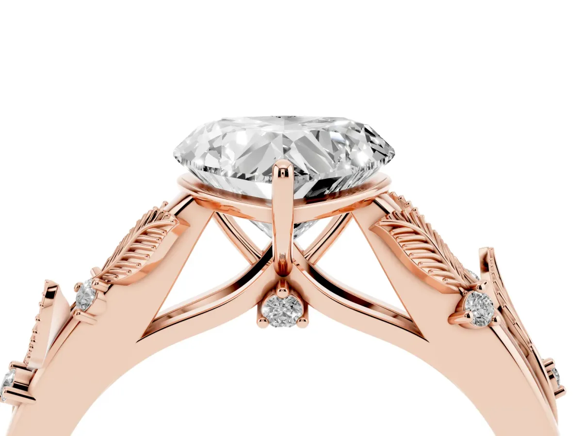 Heart Cut Diamond Solitaire Ring with Leaf Motif Band and Four-Prong Setting Rose gold