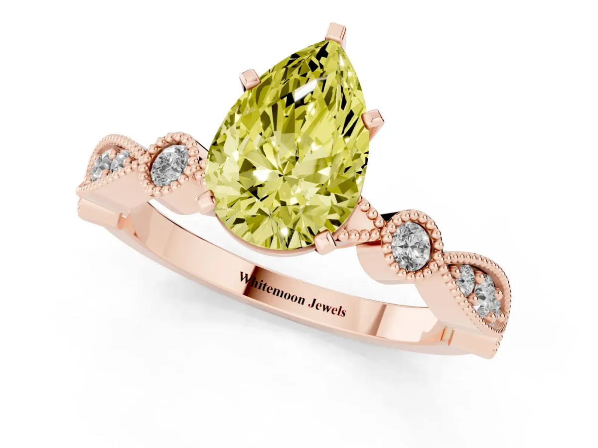 Fancy Yellow Pear Cut Milgrain Bezel Diamond Engagement Ring with Solitaire Prong Setting Rose gold