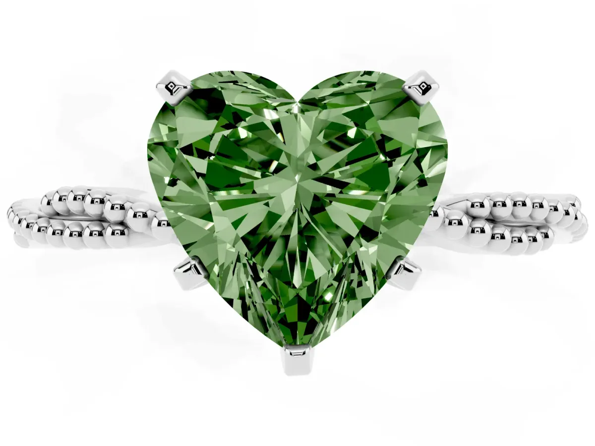 Fancy Green Heart Cut Solitaire Twisted Band with Bead Prong Setting Silver