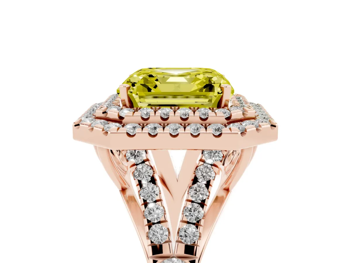Fancy Yellow Asscher Cut Diamond Pavé Split Shank Double Halo Engagement Ring Rose gold