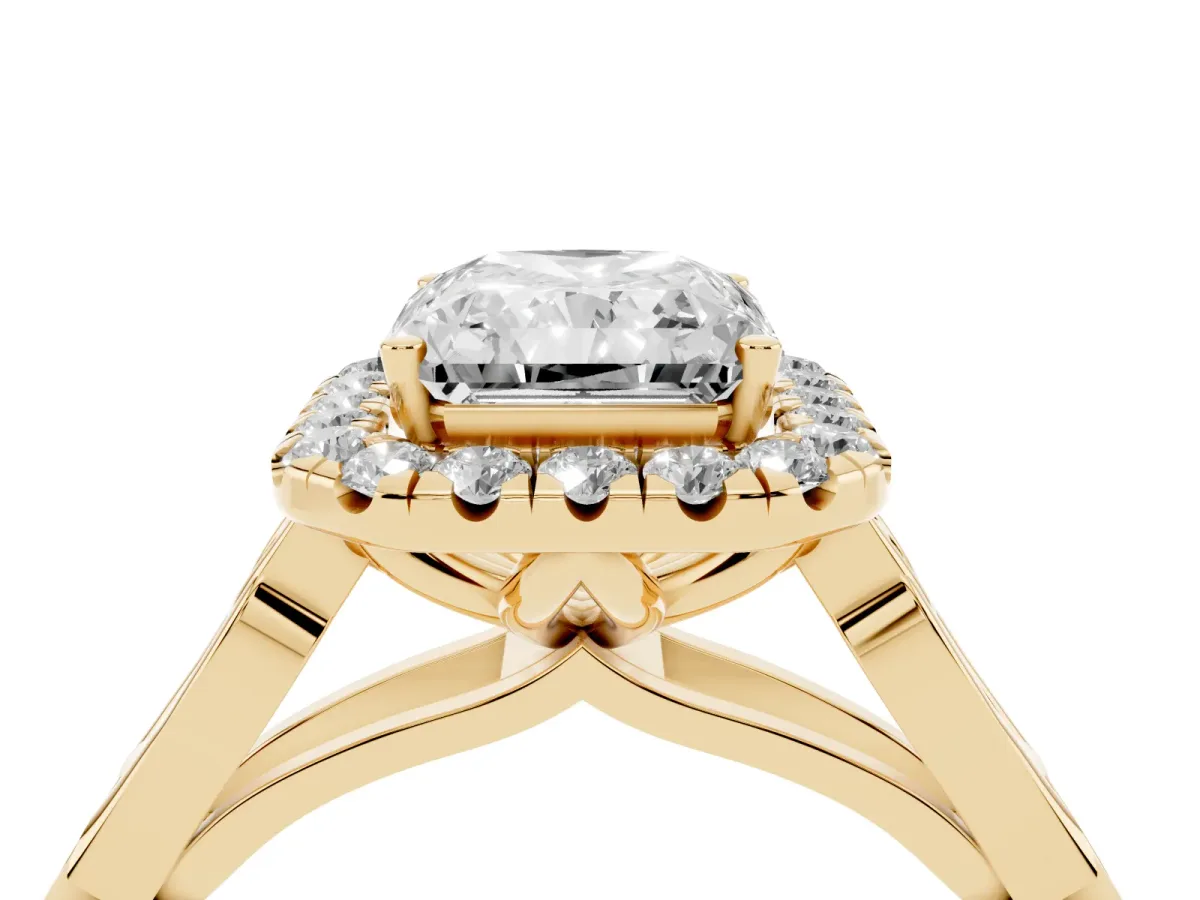 Radiant Cut Halo Diamond Engagement Ring with Filigree Band and Four-Prong Setting Yellow gold