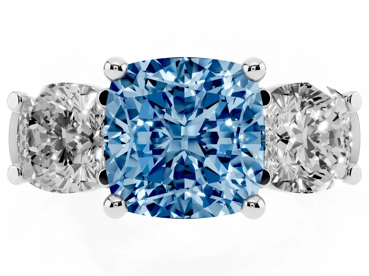 Fancy Blue Three-Stone Cushion Cut Brilliant Diamond Trellis Ring with Comfort Fit Band Platinum