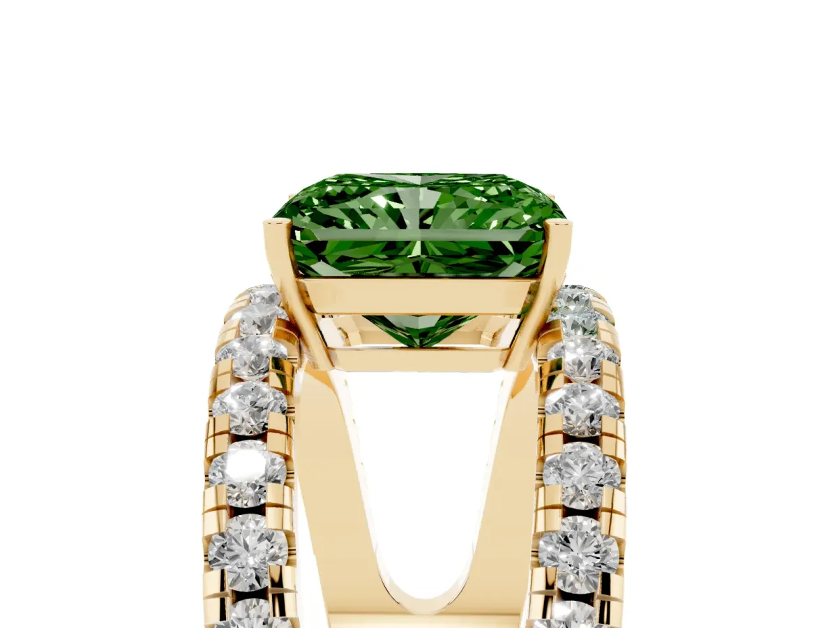 Fancy Green Radiant Cut Solitaire Split Shank Pave Diamond Ring Yellow gold